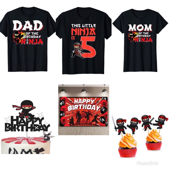 Kid,Dad and Mom Happy Birthday Ninja ThemeT-Shirts. Cupcake Toppers and Backdrop - Picture 1 of 16